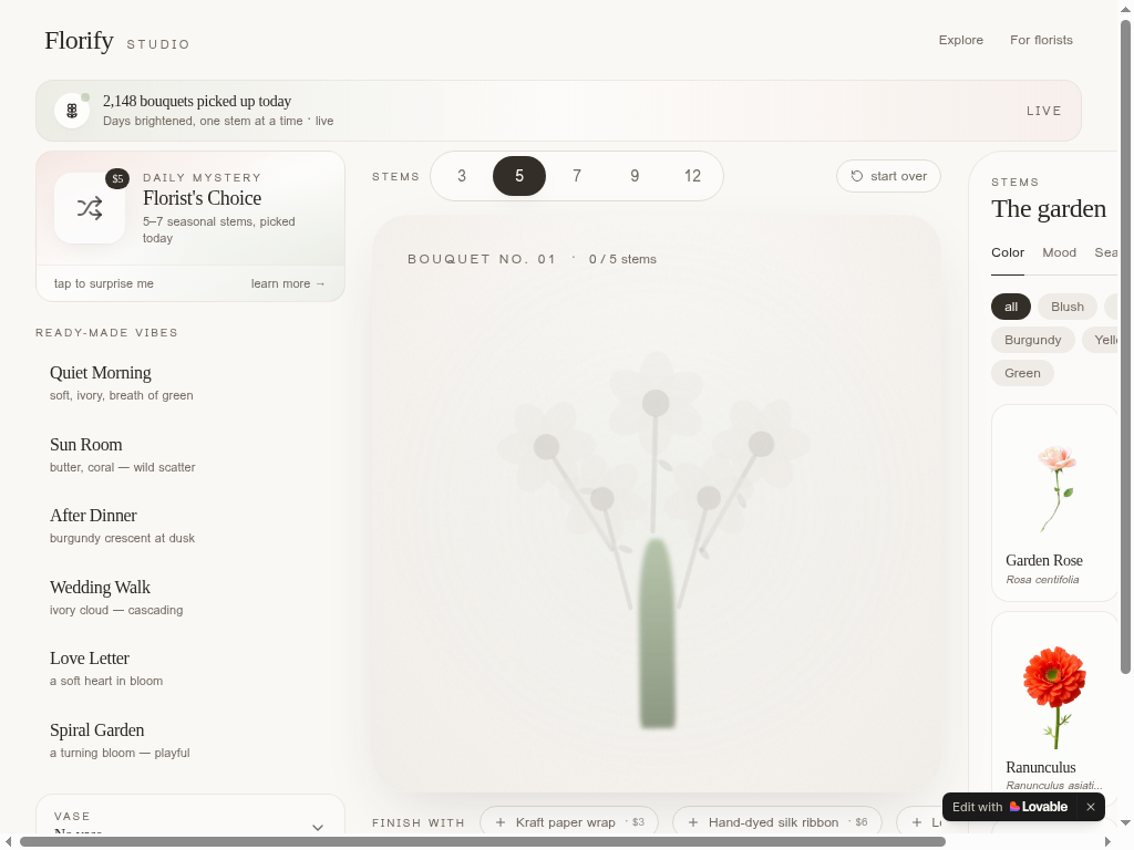 Florify Studio — build your own bouquet stem by stem