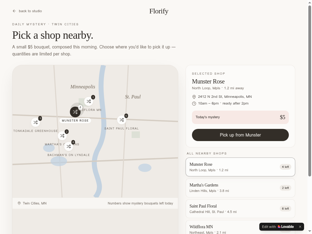 Florify map view — pick up a $5 mystery bouquet from a nearby florist